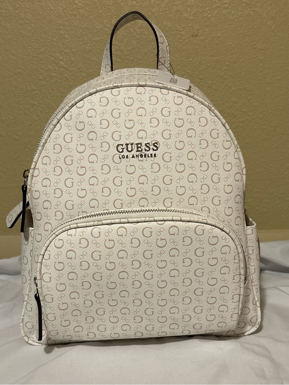 GUESS Cream Logo Monogram Backpack with Tan Accents